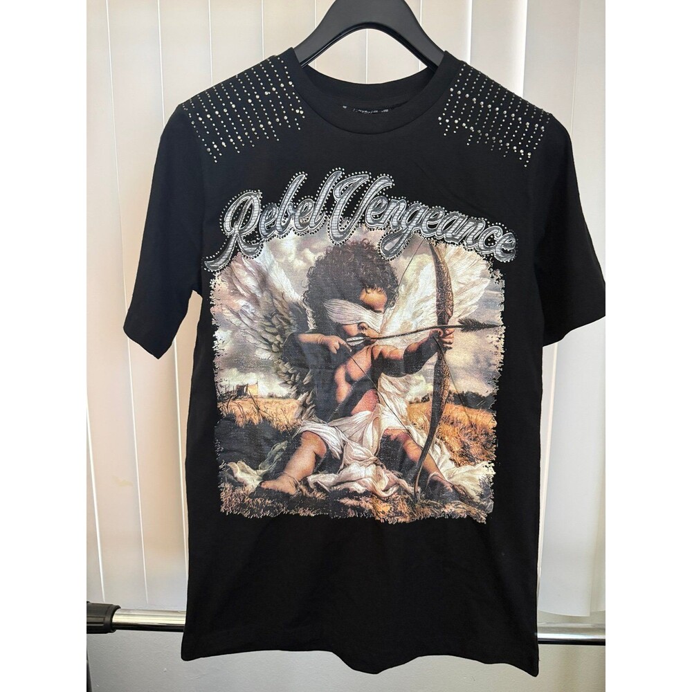 NWT Men’s Rebel Vengeance Rhinestone Embellished Cupid Black T-Shirt Size Small